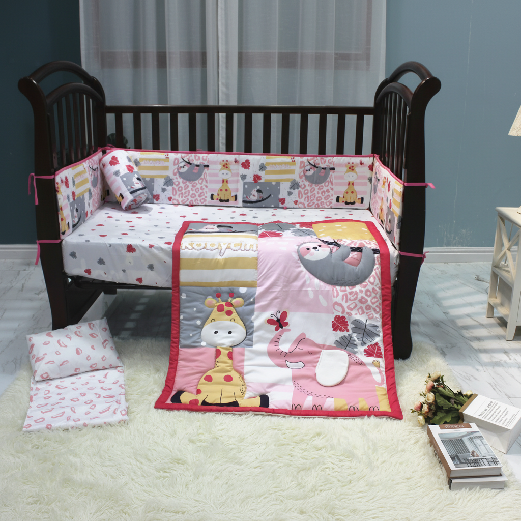 Set sabanas cuna 5 piezas almohada bebe niña safari elegante jirafa rosada