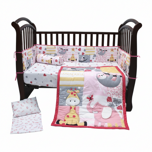 Set sabanas cuna 5 piezas almohada bebe niña safari elegante jirafa rosada