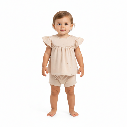 Set 2 piezas niña quimby short y camisa beige 34168-GLI015 revuelos