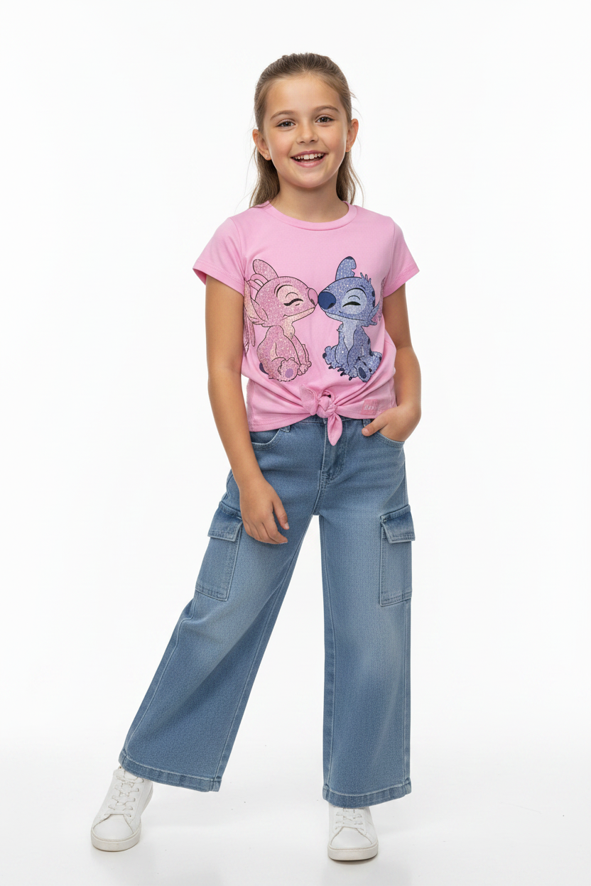 Set conjunto 2 piezas camisa rosada pantalon cargo Jean niña Stitch D9-STI-131D 690590