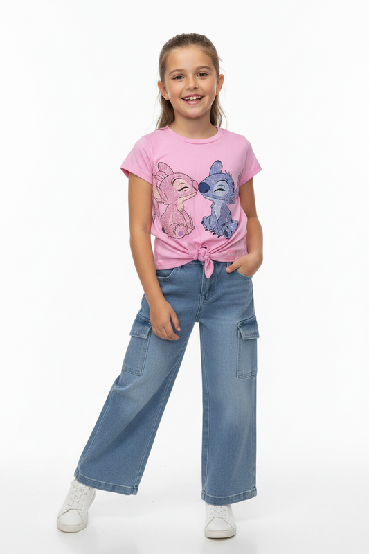 Set conjunto 2 piezas camisa rosada pantalon cargo Jean niña Stitch D9-STI-131D 690590