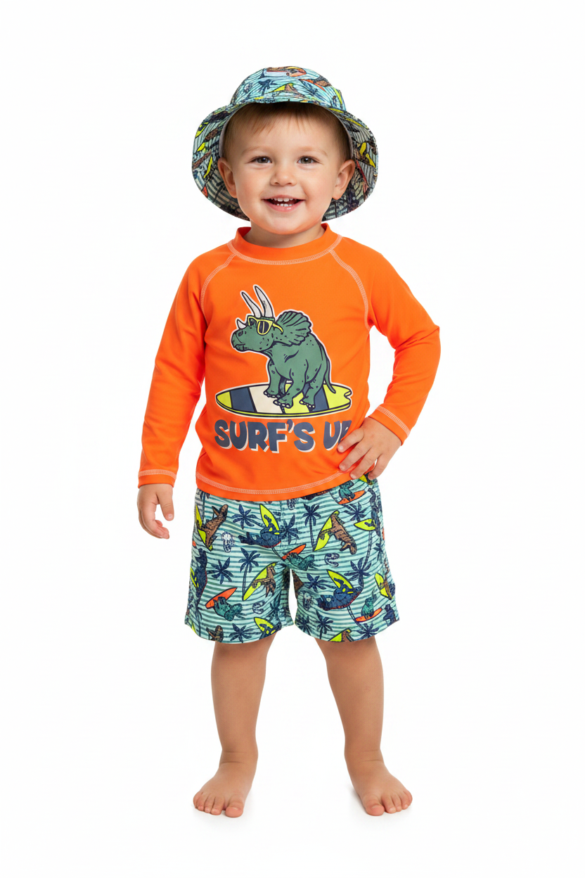 Set 3 piezas gorro camisa naranja short traje de baño bebe niño Tinytots 11365TT