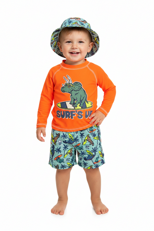 Set 3 piezas gorro camisa naranja short traje de baño bebe niño Tinytots 11365TT