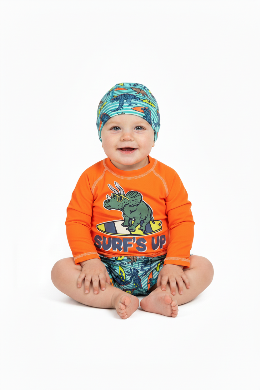 Set 3 piezas gorro camisa naranja short traje de baño bebe niño Tinytots 11365TT