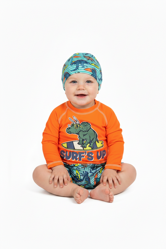 Set 3 piezas gorro camisa naranja short traje de baño bebe niño Tinytots 11365TT