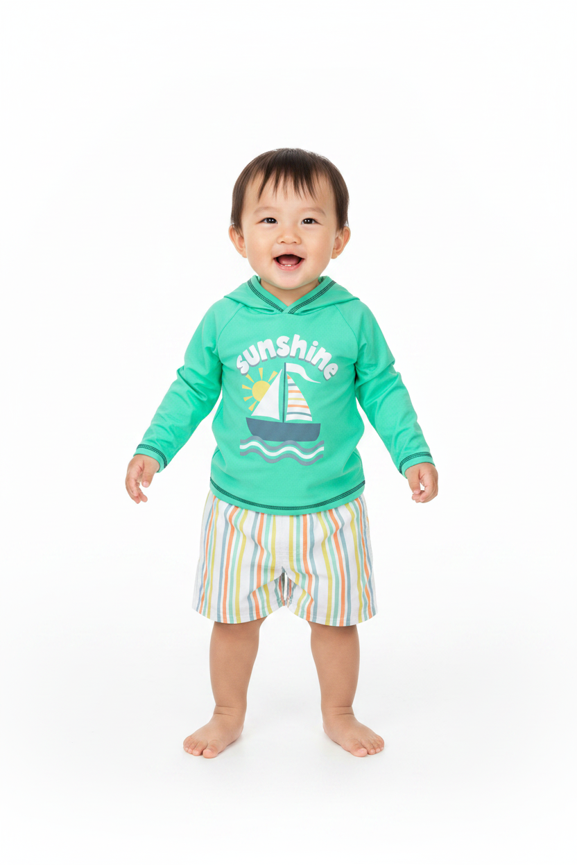 Set conjunto 2 piezas traje de baño camisa verde short verde multicolor bebe niño Tinytots 11378TT