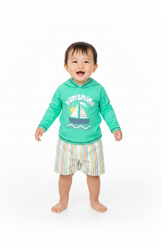 Set conjunto 2 piezas traje de baño camisa verde short verde multicolor bebe niño Tinytots 11378TT