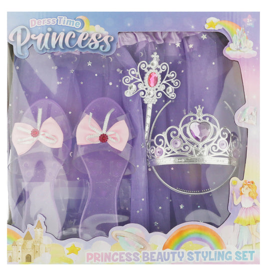 Set 4 accesorios zapatilla tacon, falda tutu, cetro y corona princess morada