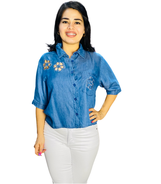 Camisa Blusa Dama azul jeans oscuro flores CTD1188-14 590490