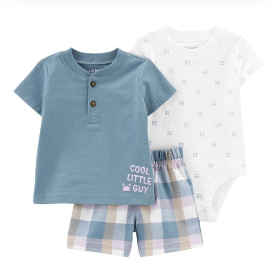 Set 3 piezas Carters bebe niño short cuadros camisa y mameluco