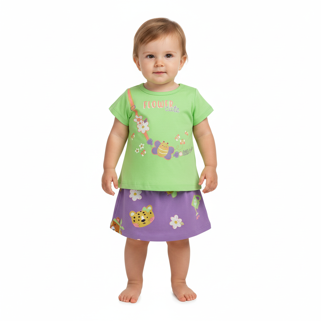 Set 2 piezas bebe niña camisa verde y falda morada Bee loop 17989 - 020225 promo 3x1000
