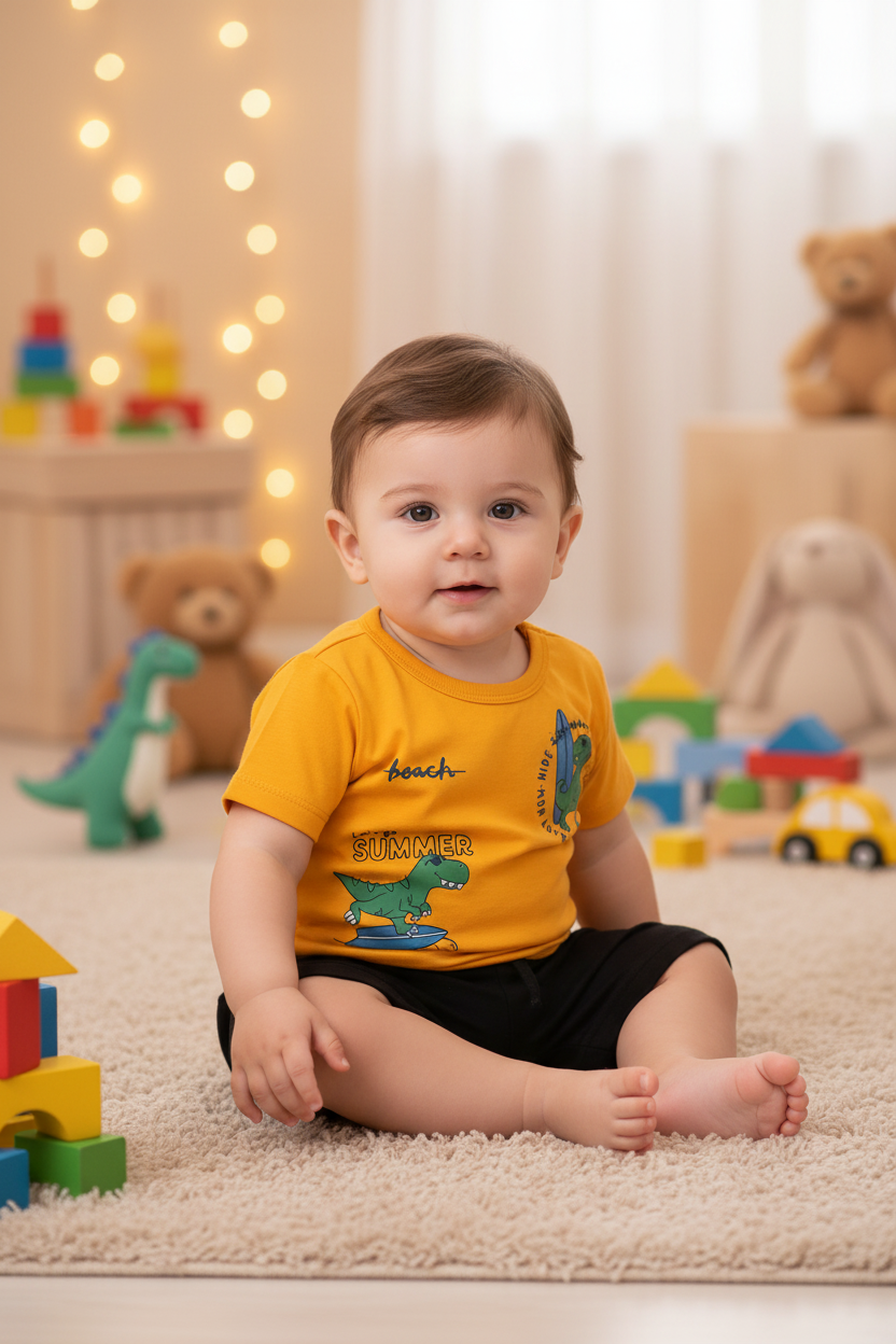 Set bebe niño animales dinosaurios Conjunto camisa amarilla short negro Bee loop 17999-150 955 promo 3x1000