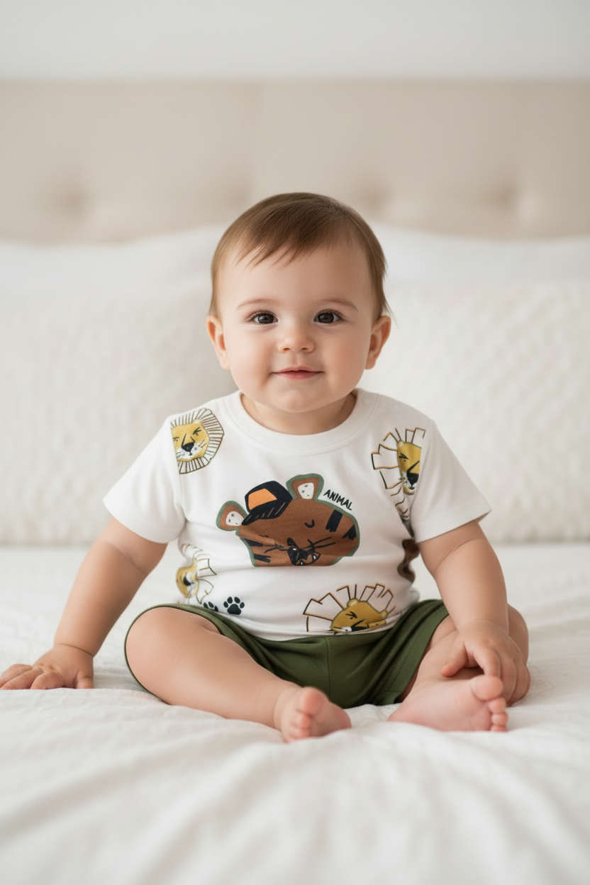 Set bebe niño animales Conjunto camisa blanca short verde Bee loop 18000 - 000106 promo 3x1000