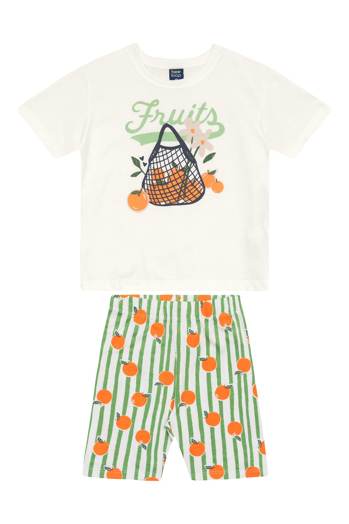 Set conjunto 2 piezas camisa blanca short verde frutas naranjas niña Bee Loop 18367-000106a