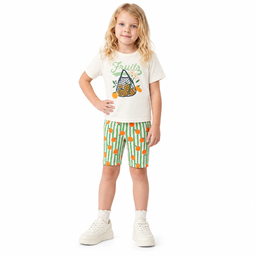 Set conjunto 2 piezas camisa blanca short verde frutas naranjas niña Bee Loop 18367-000106a
