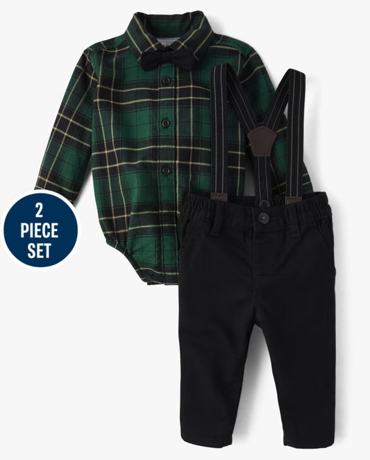 Set 4 piezas bebe niño childrens place camisa verde cuadros  tirantes corbatin 83878384
