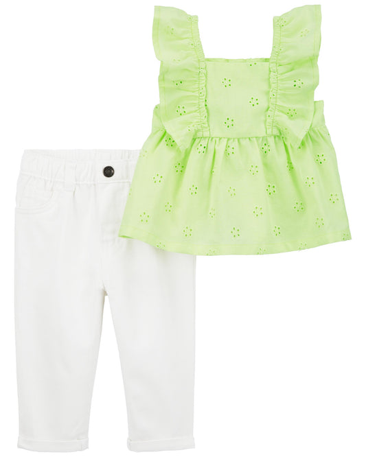 Set  2 piezas niña Carters camisa verde, pantalon blanco