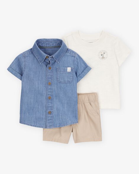 Set 3 piezas bebe niño camisa azul, camisa blanca, short beige Carters 1S466810