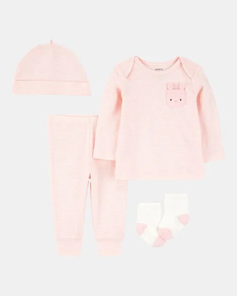 Set 4 piezas camisa pantalon calcetines gorro rosado bebe niña Carters 1S938210