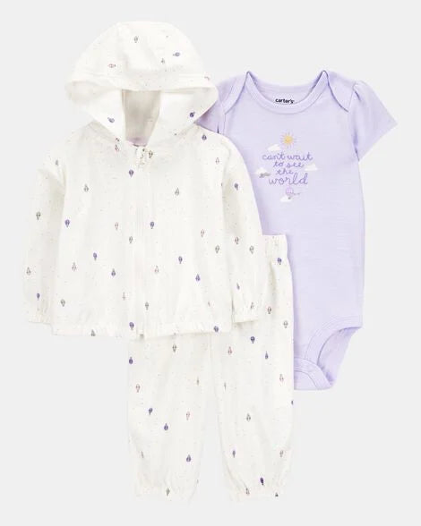 Set 3 piezas sueter blanco pantalon blanco mameluco morado bebe niña Carters 1S940210