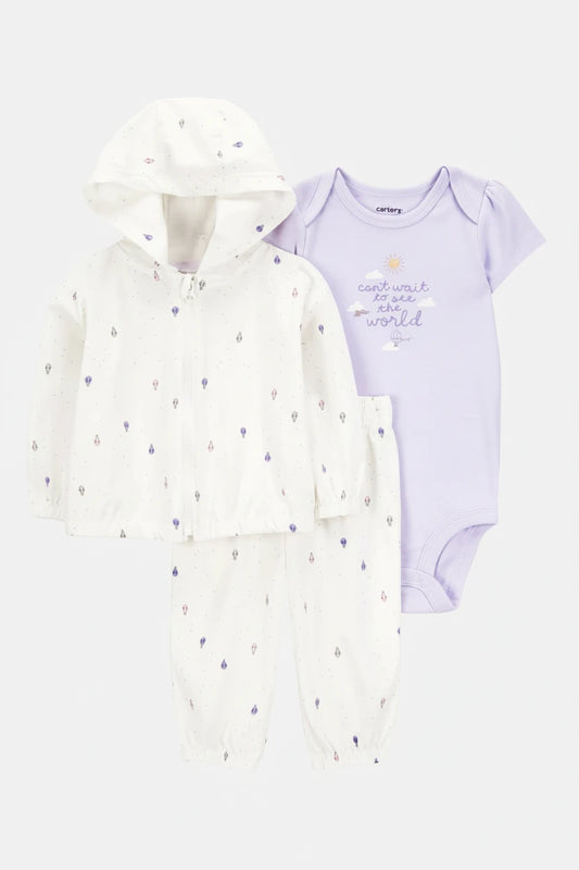Set 3 piezas sueter blanco pantalon blanco mameluco morado bebe niña Carters 1S940210