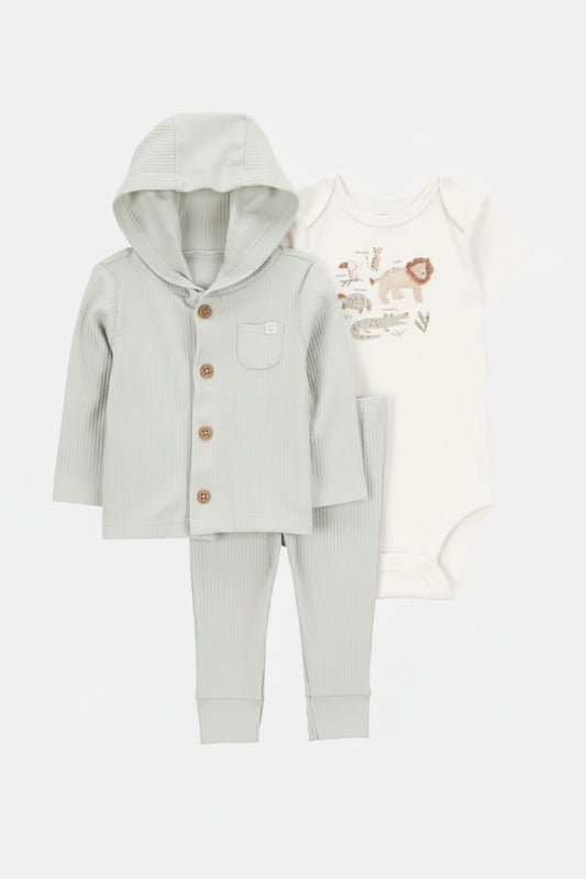 Set 3 piezas sueter verde pantalon verde mameluco blanco bebe niño Carters 1S942910