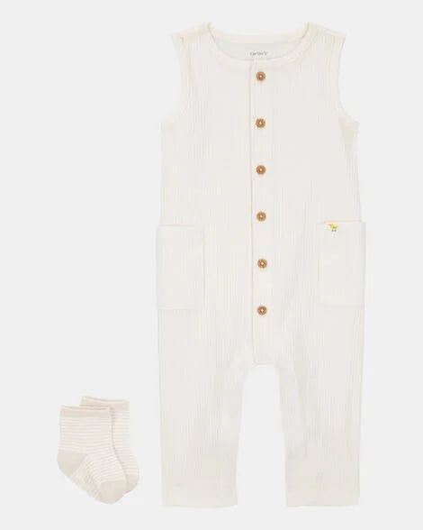 Set 2 piezas overall mameluco calcetines beige bebe niño Carters 1S944610