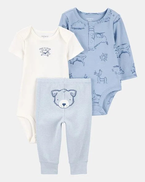 Set 3 piezas mameluco pantalon blanco azul bebe niño Carters 1S991110