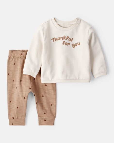Set 2 piezas pijama camisa pantalon beige blanco bebe niño 1T249410