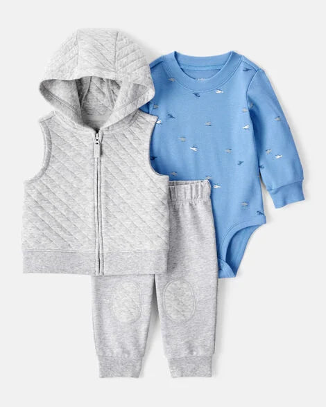 Set 3 piezas sueter mameluco pantalon azul gris bebe niño Carters 1T268710