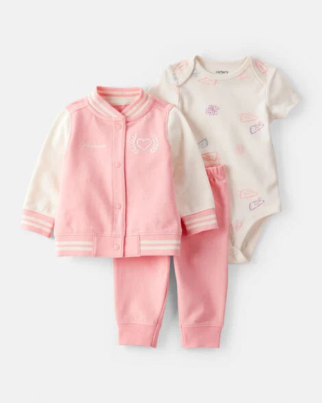 Set 3 piezas mameluco pantalon sueter rosado niña bebe niña Carters 1T474910