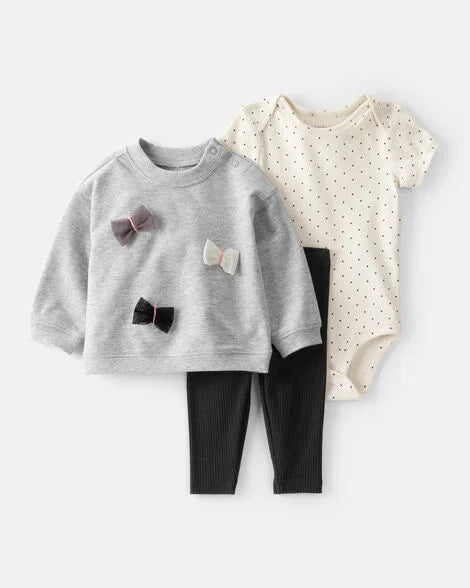 Set 3 piezas mameluco pantalon sueter gris bebe niña chongo Carters 1T475010