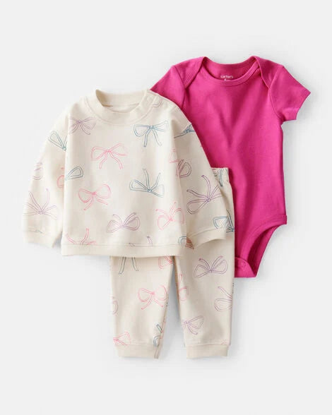 Set 3 piezas mameluco sueter pantalon rosado beige chongo bebe niña Carters 1T475110