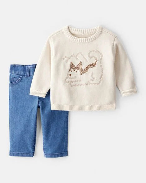 Set conjunto 2 piezas sueter blanco perro pantalon azul bebe niño Carters 1U022410