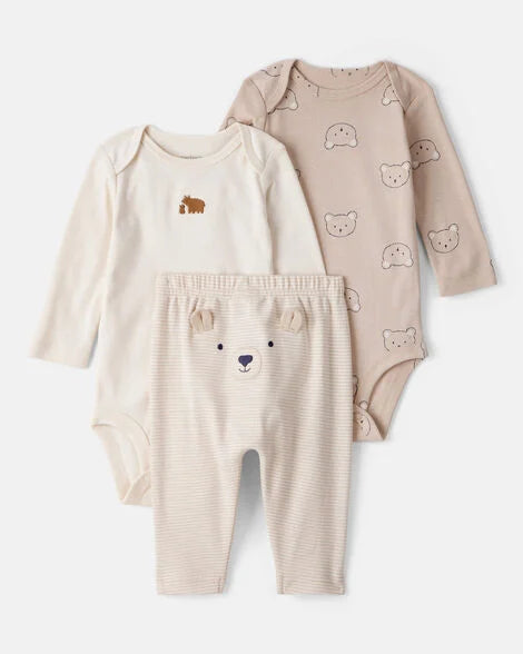 Set 3 piezas mameluco pantalón beige café bebe niño Carters 1U024210
