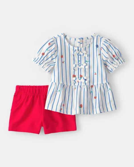 Set conjunto 2 piezas camisa azul short rojo bebe niña Carters 1U572410