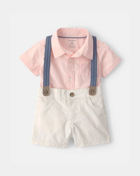 Set conjunto 2 piezas camisa mameluco rosado short beige bebe niño Carters 1U634810 tirantes