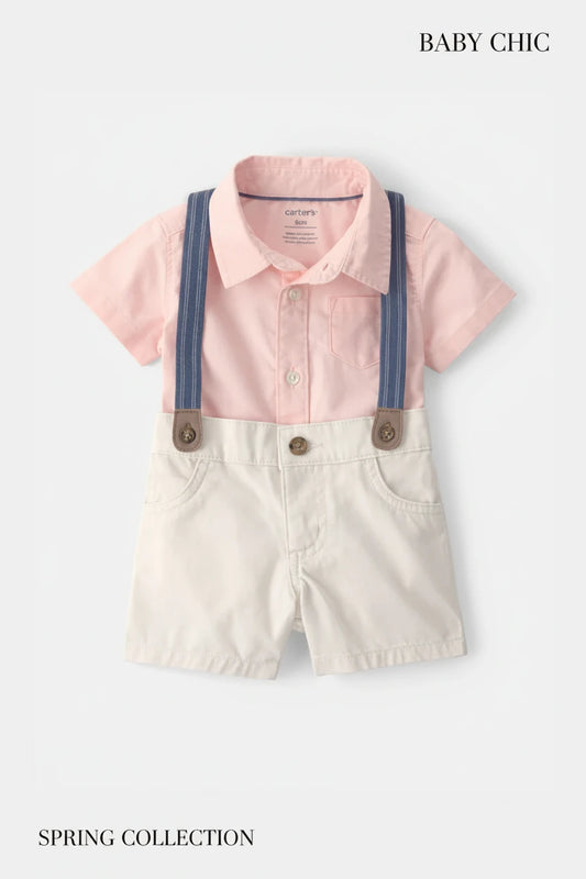 Set conjunto 2 piezas camisa mameluco rosado short beige bebe niño Carters 1U634810 tirantes
