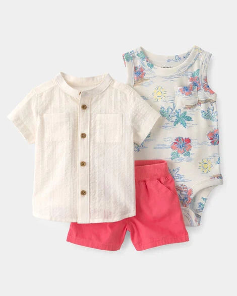 Set 3 piezas camisa beige short bebé niño Carters 1U638410