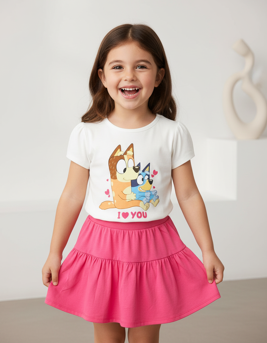 Set conjunto 2 piezas camisa blanca falda rosada niña bluey St Jacks 2000146703