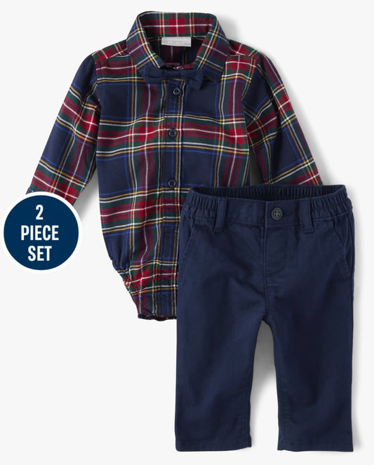 Set 3 piezas bebe niño childrens place camisa cuadros azul corbatin 48291312