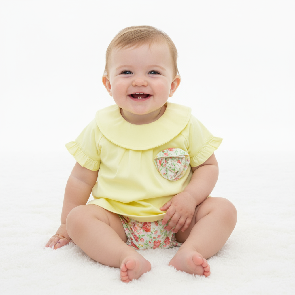 Set conjunto 2 piezas bebe niña camisa amarilla falda floreada 216-W24-2838 tinytots promo 2x1000