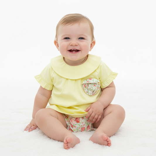 Set conjunto 2 piezas bebe niña camisa amarilla falda floreada 216-W24-2838 tinytots promo 2x1000
