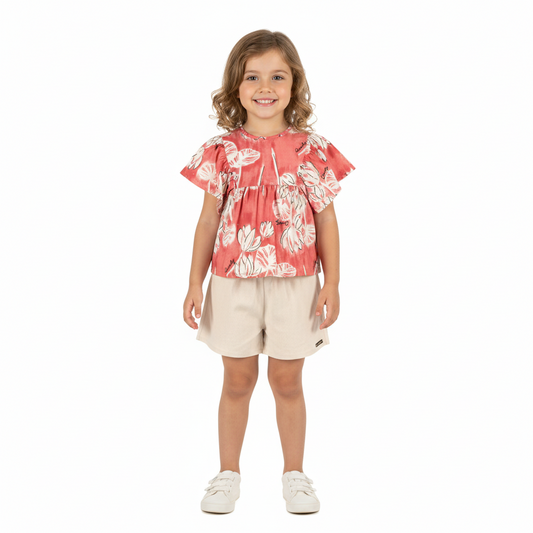 Set 2 piezas niña quimby short beige camisa roja flores 34160-FLO981 revuelos hawaino