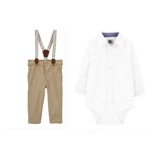 Set 2 piezas Oshkosh bebe niño formal camisa blanca pantalon beige tirantes 09049328