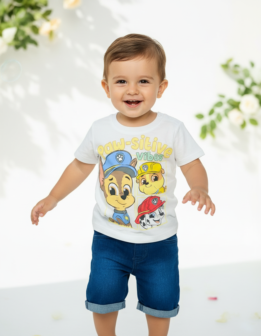 Set conjunto 2 piezas bebe niño camisa blanca short azul oscuro Paw Patrol N9-PW-105B promo 2x1000