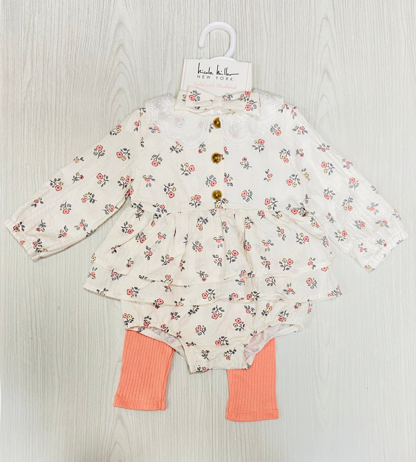 Set 3 piezas vestido blanco flores bebe niña