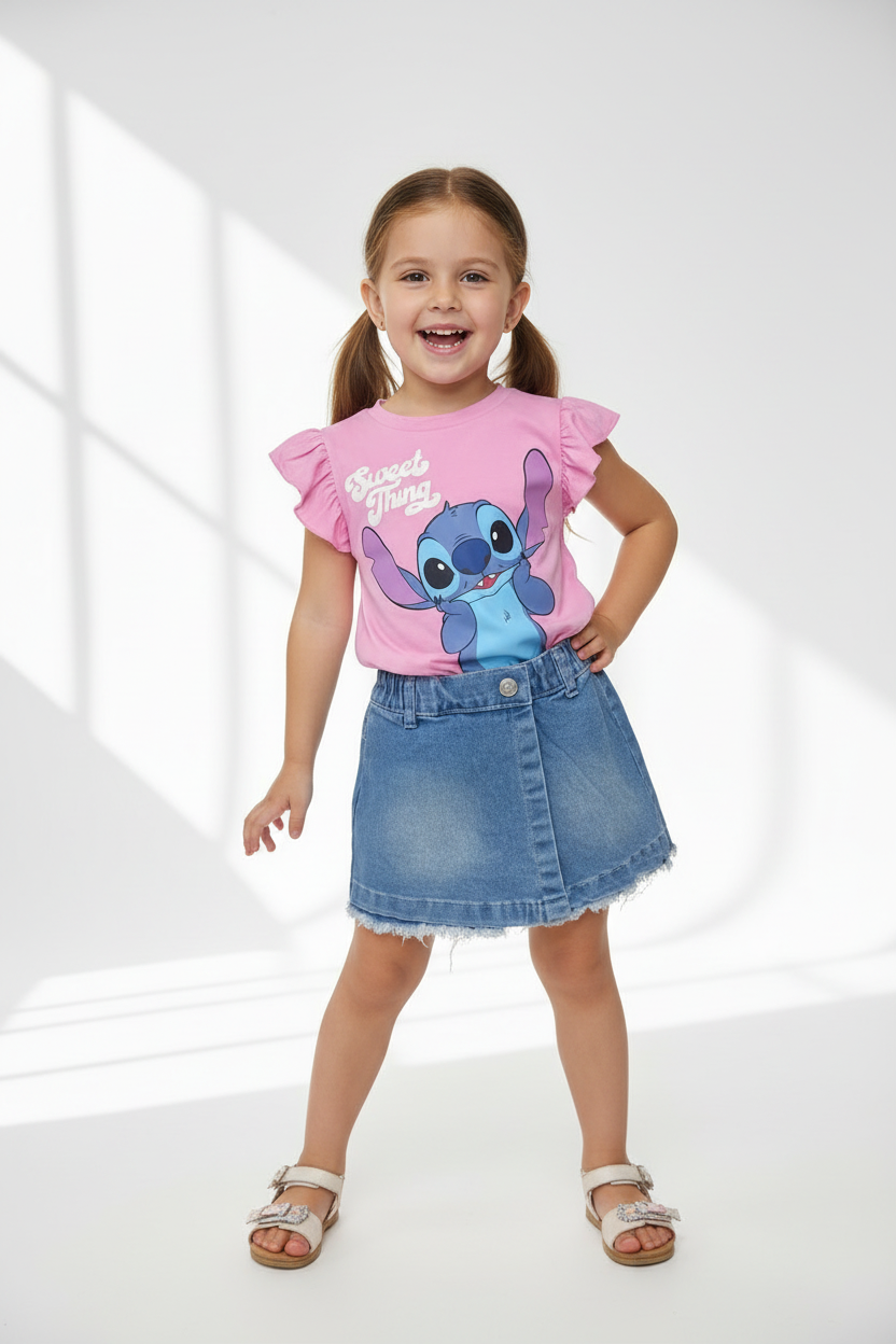 Set conjunto 2 piezas camisa rosada, falda short Jean niña Stitch D9-STI-129D 690/490