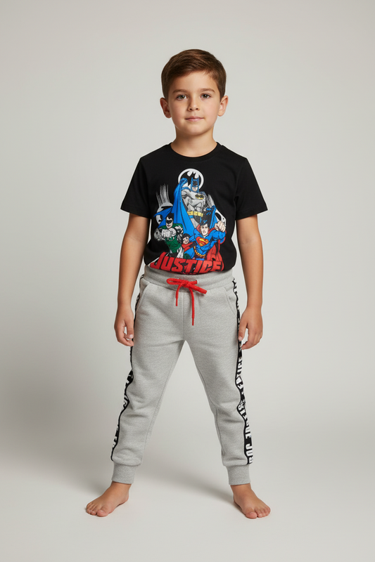 Set conjunto 2 piezas liga de la justicia buzo jogger gris y camisa negra niño