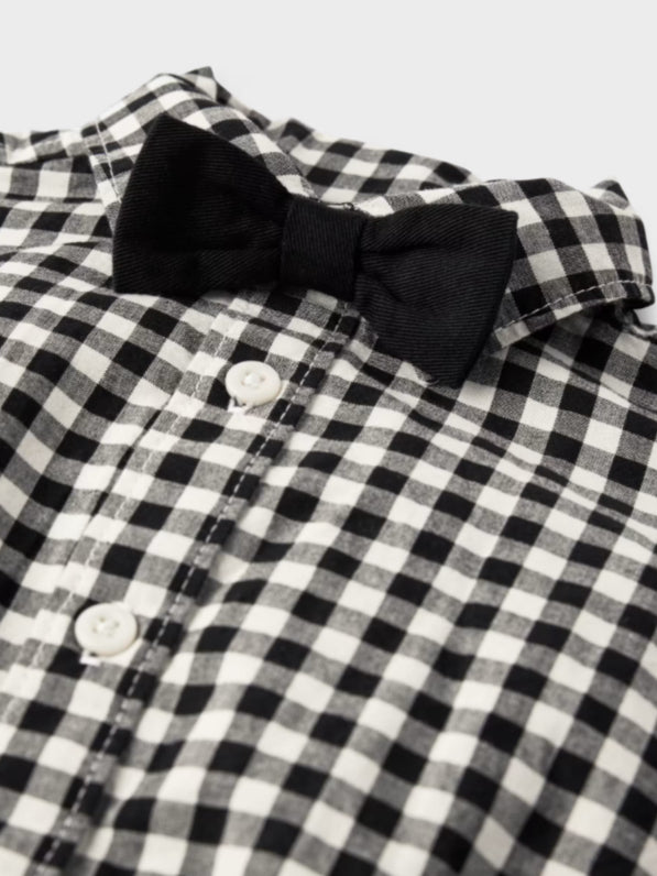 Set 3 piezas bebe niño formal camisa cuadros Pantalón jeans negro y  corbatín